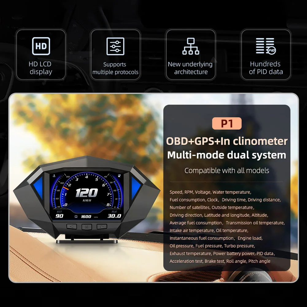 

P1 Car HUD Head Up Display Universal GPS OBD Dual System Head Up Display Multifunctional Over Speeding Alarm Auto Accessories