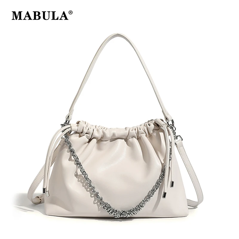 

MABULA Big Chain Drawstring Women's Messenger Bag Fashion Square Cross Body Purse Simple Beige Sling Shoulder Tote Handbag