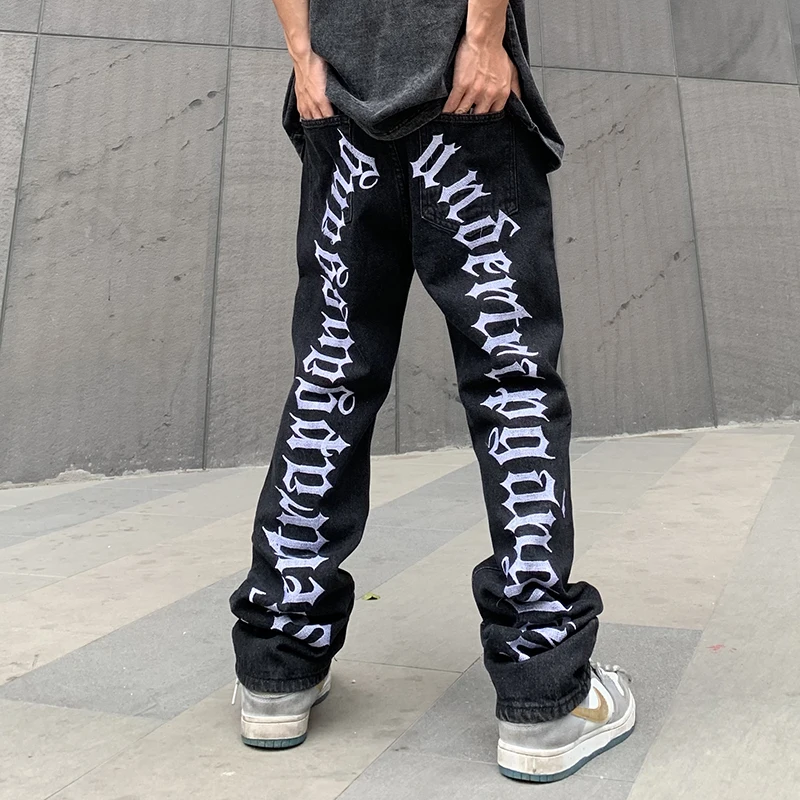 NEW Ripped Hip Hop Hole Embroidery Jeans Men's Korean Oversize Straight Black Vibe Denim Trousers Loose Harajuku Retro