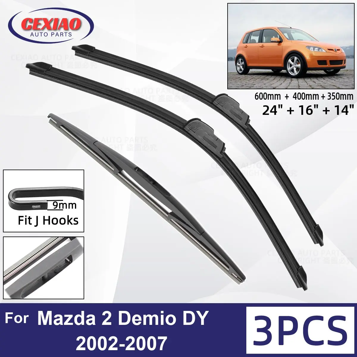 

For Mazda 2 Demio DY 2002 - 2007 Car Front Rear Wiper Blades Soft Rubber Windscreen Wipers Auto Windshield 24"+16"+14" 2005 2006