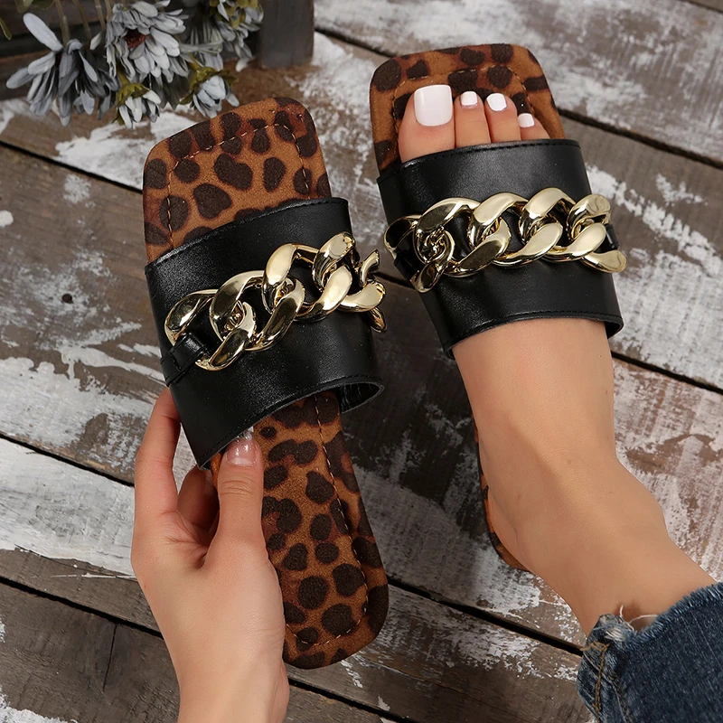 Women Summer Open Toe Sandals Leopard Metal Chain Deco Sweet Candy Color Slides Square Toe Slippers Size 42 43 Green Mujer Shoes