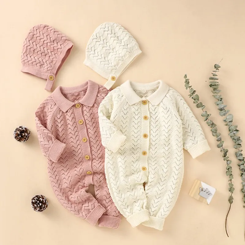 Winter Baby Jumpsuit + Hat 2-piece Newborn Knitted Suit Autumn Long Sleeve Hat Men's And Baby Women's Suit