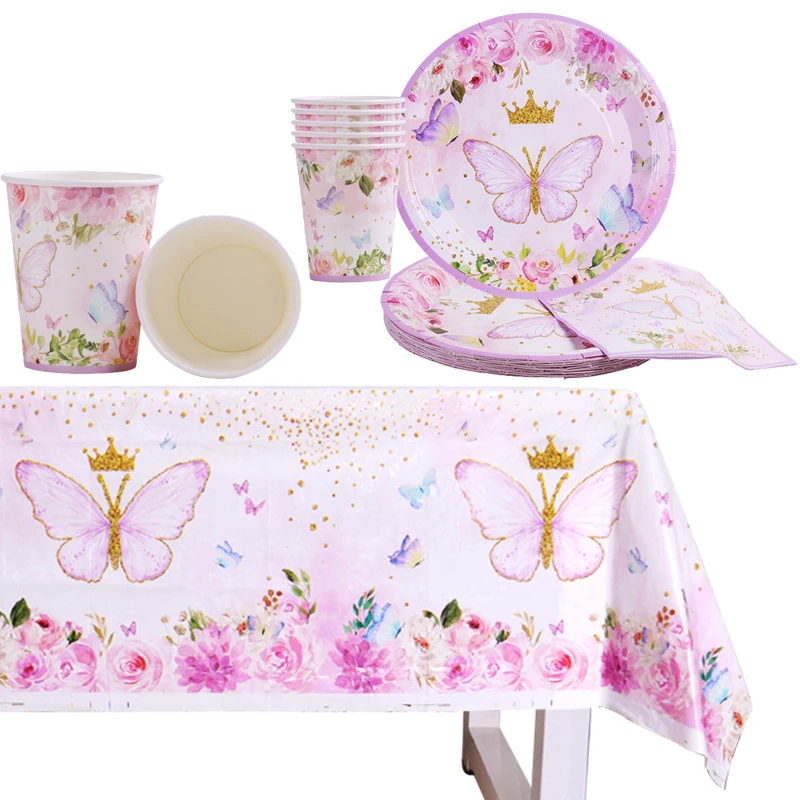 

Butterfly Theme Party Disposable Tableware Cup Plates Napkins Tablecloth Girl Birthday Party Decorations Supplies Baby shower