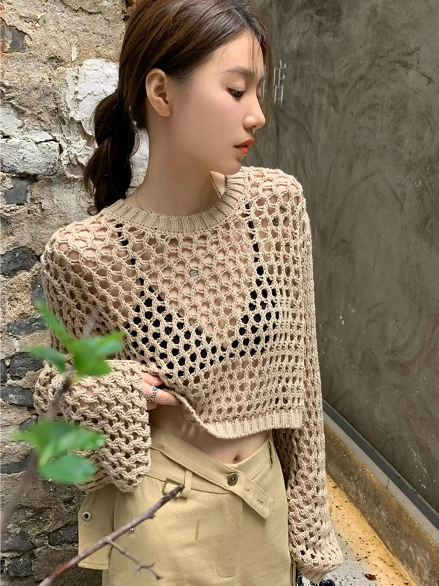 

Fall 2022 Long Sleeve Sexy Crochet See Through Hollow Out Smock Women Knitted Cropped Sweater Korean Fashion Knitwear Crop Top