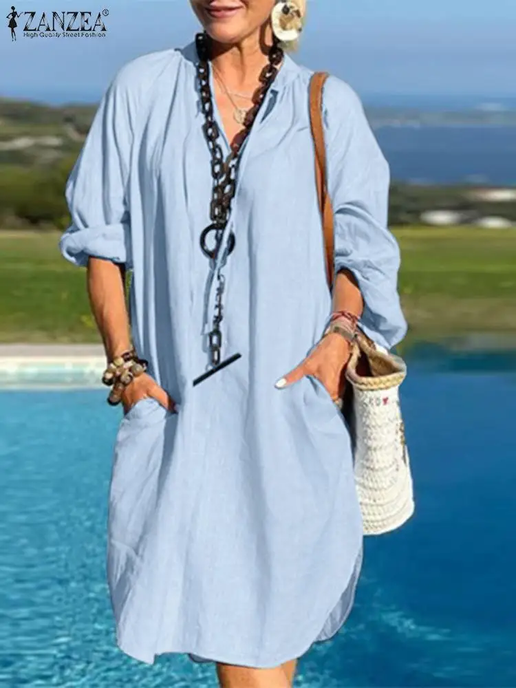 

Платье-рубашка ZANZEA женское с длинным рукавом, элегантный Свободный Повседневный Сарафан, Хлопковое Платье До Колена, кафтан большого разме...