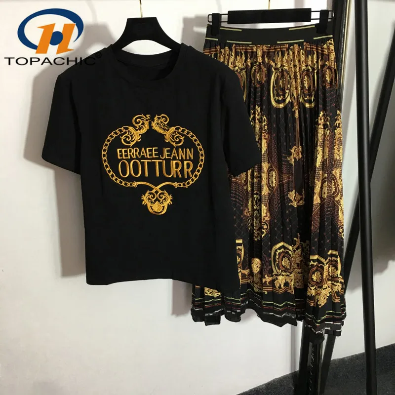 

Женский комплект из футболки с коротким рукавом, круглым вырезом и винтажной юбки с высокой талией и принтом, 6,15