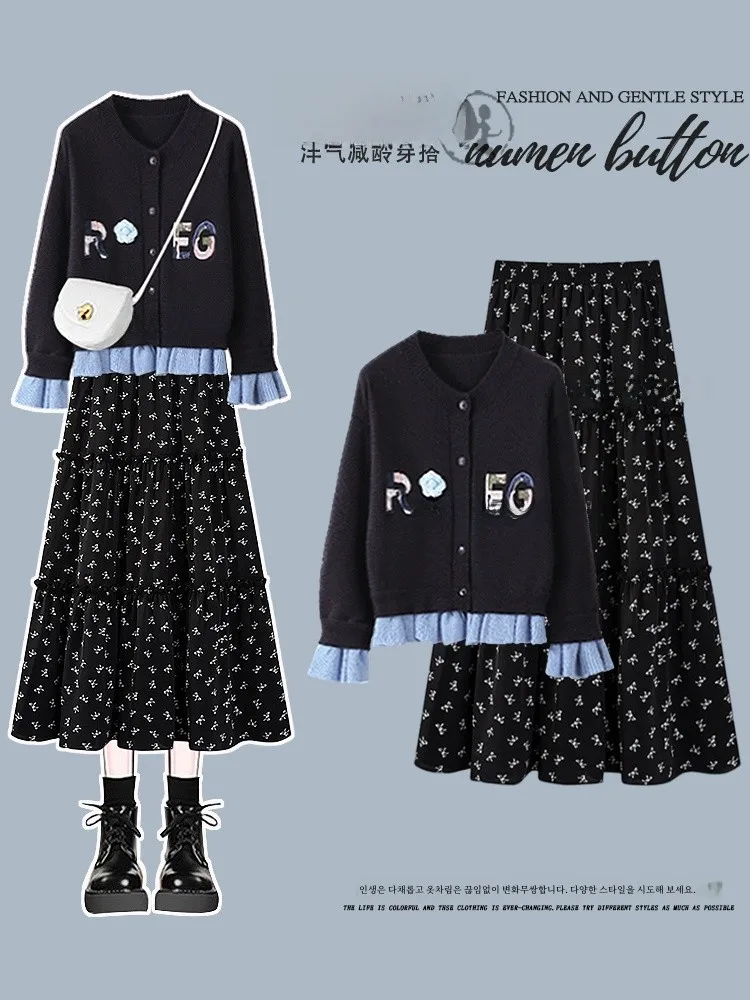 Plus size Autumn Age Reducing Dress Outfit Women Fake Two Pieces Knit Sweater High Waist Slimming Floral Skirt Two-piece Set