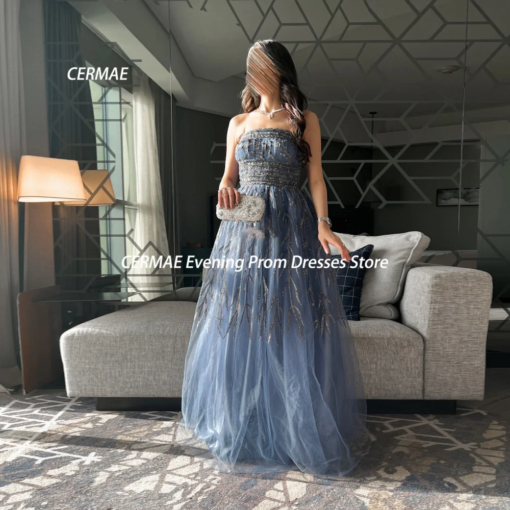 

CERMAE Tulle A-line Strapless Sequins Prom Gown Ruffle Populer Floor-Length Evening Formal Elegant Party Dress for Women 2023