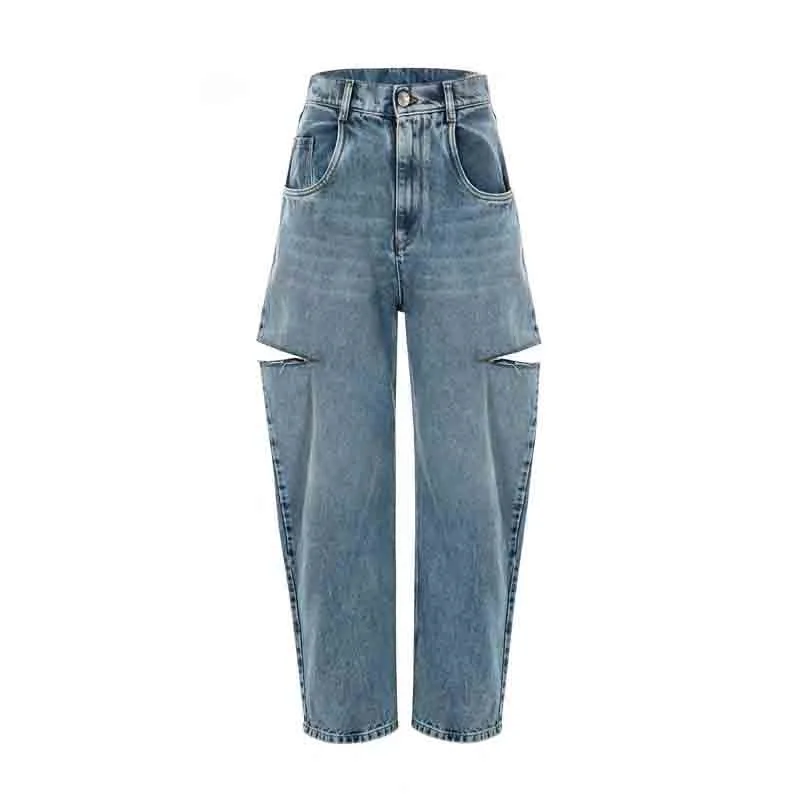 Cosmicchic 2020 Women Straight ripped Jeans Casual Knife Cut Hole Loose Pants High Waist Street Retro Denim Trousers Female