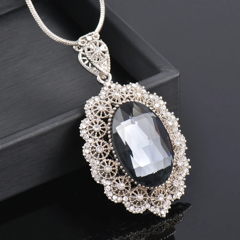 

SINLEERY Vintage Lace Pattern Oval Gray Cubic zirconia Pendant Long Necklace For Women 2 Color Winter Chain Necklace ZD1 SSA