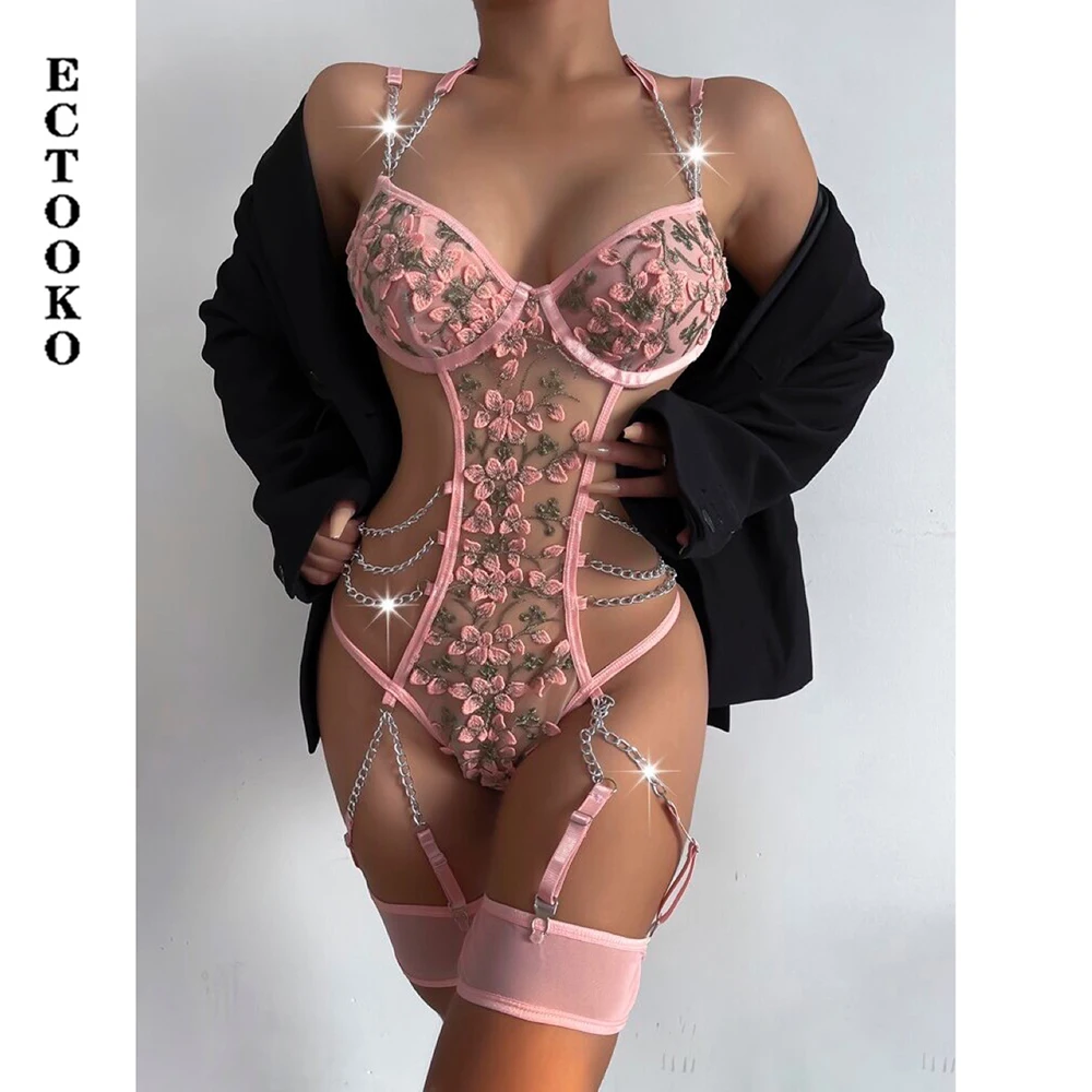 

Эротический костюм ECTOOKO с открытой спиной и цветочной вышивкой, Прозрачная Кружевная цепочка, эротический костюм для женщин