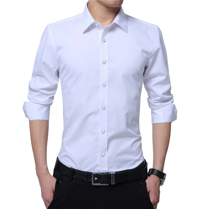 Men Dress Shirt Fashion Long Sleeve Business Social Shirt Male Solid Color Button Down Collar Plus Size Work White Black Shirt 4