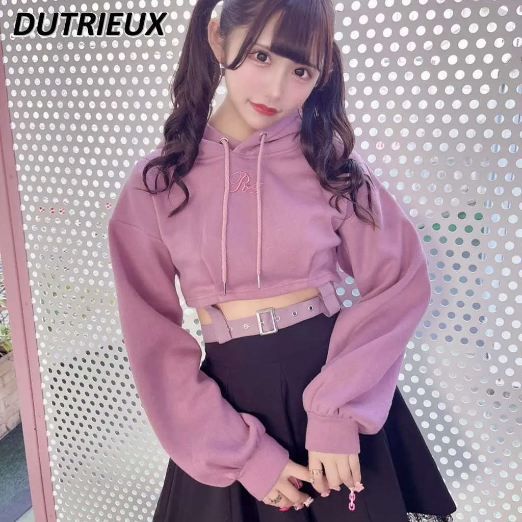 

Customized Japanese Mine Ultra-Short Pullover Letter Embroidery Midriff Figure Flattering Belt Long Sleeve Hooded Sweatshirt