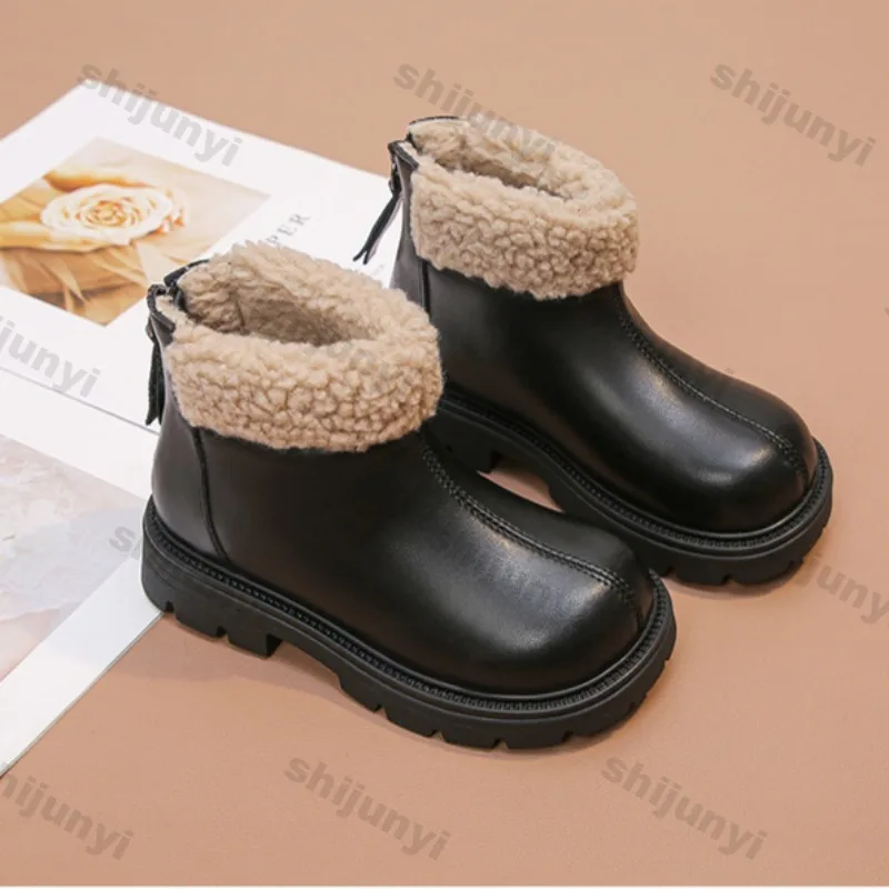Зимние короткие сапоги для девочек плюшевые теплые новые нескользящие ботильоны