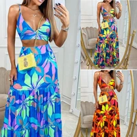 2022 new summer two piece set printed v neck suspenders temperament large swing long skirt two piece suit fashion female 2pcs