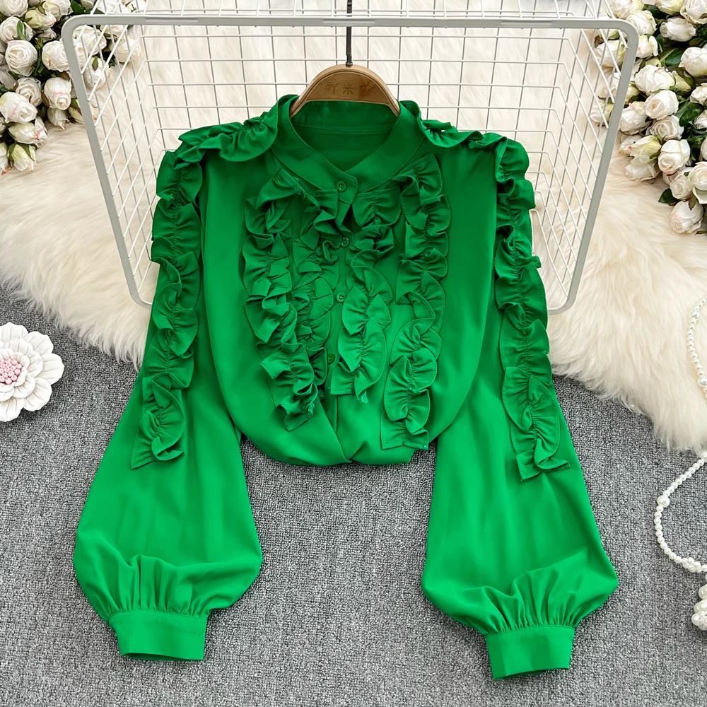 

Retro Palace Style Design Feminine Lotus Leaf Three-dimensional Flower Shirt Women's Foreign Style Puff Sleeves Loose Top