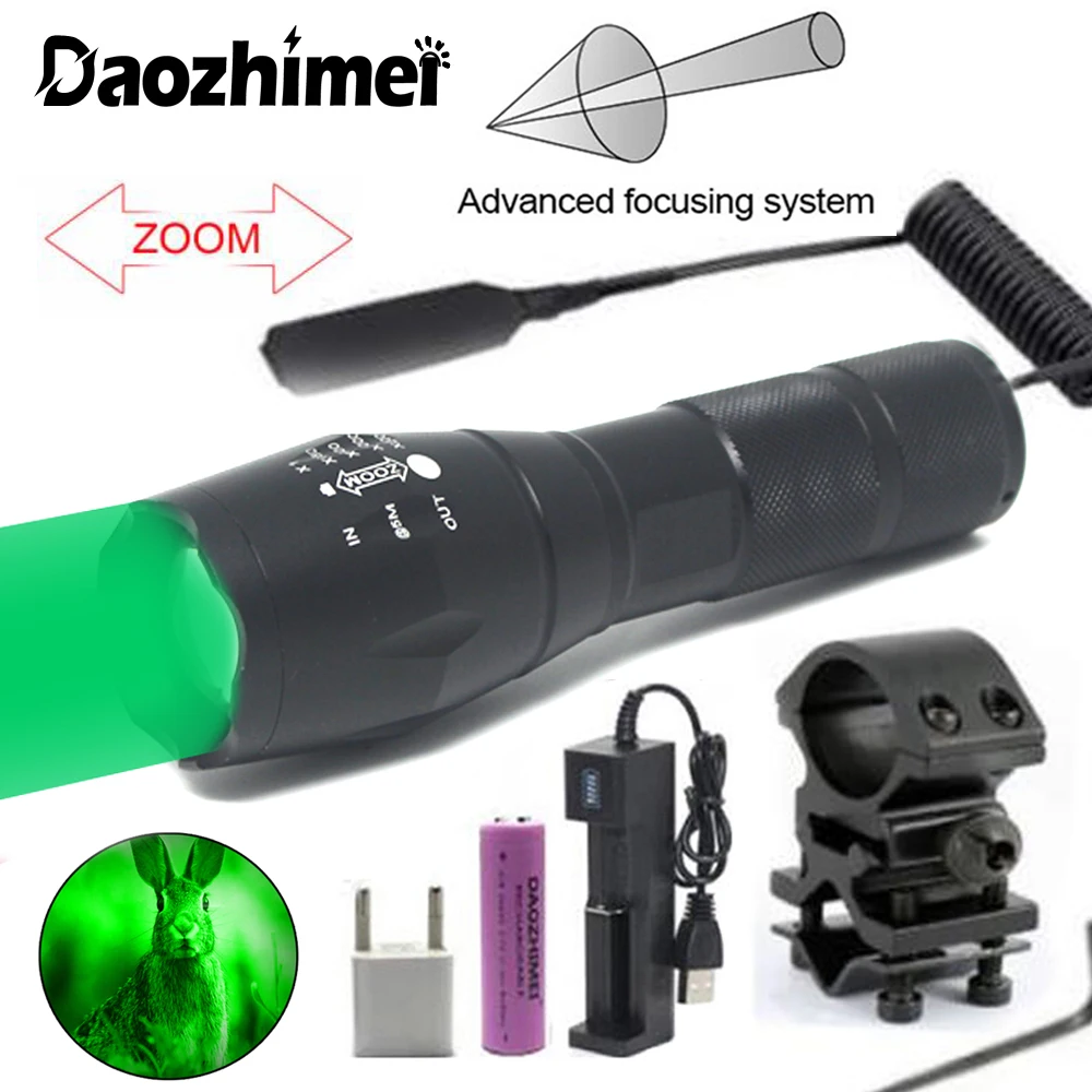 White/Green/Red Tactical Flashlights 1 Modes 18650 Outdoor Waterproof Lamp Zoomable Hunting Torch Lumens With Scope Gun Mount