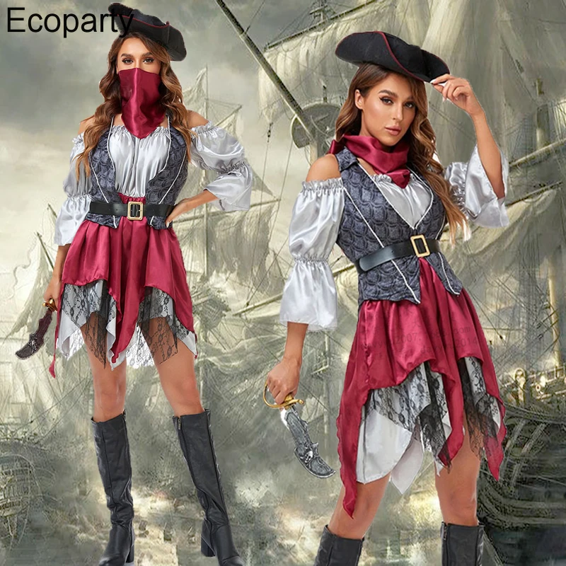

Костюм для косплея Карибского пирата для женщин, Ретро платье викингов неправильной формы с шапкой и шарфом, костюм на Хэллоуин, карнавал, яркие наряды