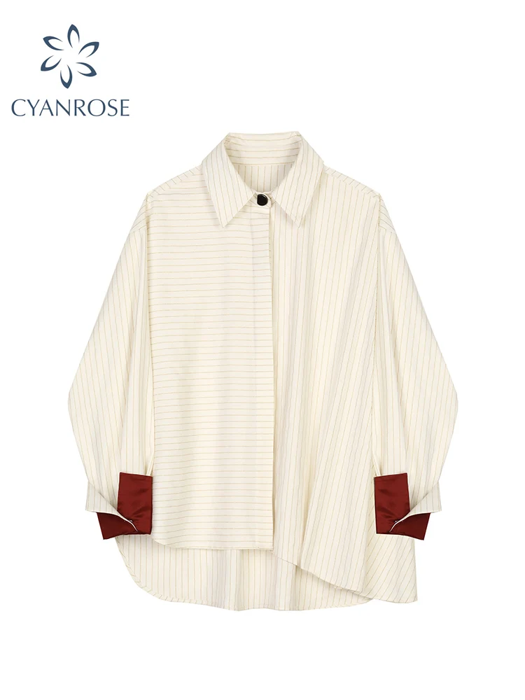 

Женская полосатая блузка в Корейском стиле, Офисная элегантная Асимметричная рубашка в стиле пэчворк, Модные Винтажные рубашки с длинным р...