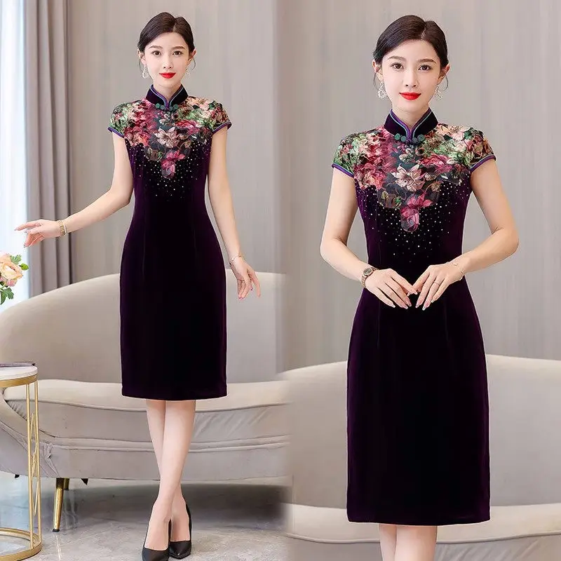 Spring 2023 New Printed Velvet Qipao Dress Spliced Fashion Retro Chinese Style Modified Short Cheongsam Women Vestidos Z774