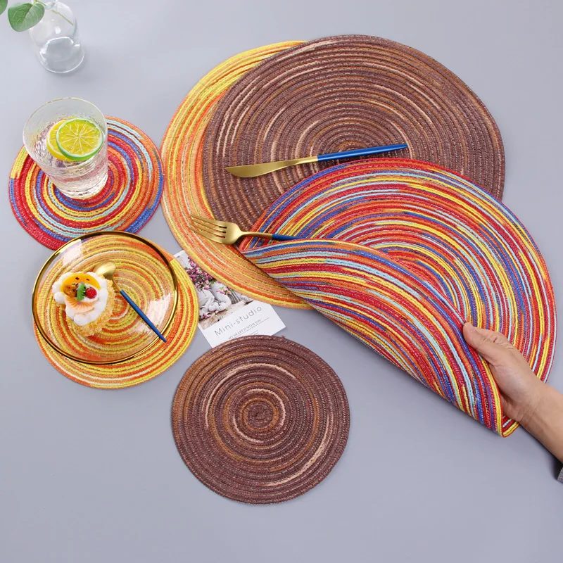 4PCS Colorful Satin Dyed Ramie Cotton Yarn Woven Anti-scald Placemat Tea Cup Coaster Round Plate Dining Tablel Mat