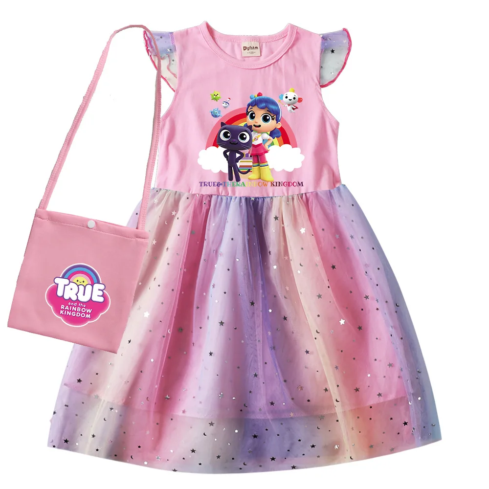

2-8Y True Rainbow Kingdom Dress Cotton Infant Kids Rainbow Tutu Dress Baby Girls birthday Party Princess Clothing Outfits+bag