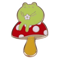 b0110 cartoon frog sitting on mushroom pin enamel brooch animal backpack pendant accessories jewelry gift