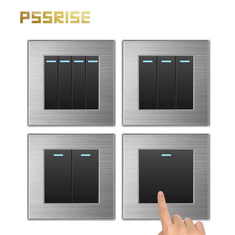 

PSSRISE C30 Series EU Switch Power Led Wall Light Switches 250V Brushed Stainless Steel Panel 1/2/3/4 Gang Lamp Switch 1Way/2Way