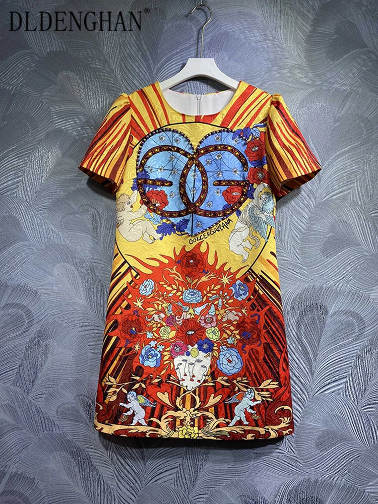 

Мини-платье DLDENGHAN для ранней осени, женские винтажные платья с круглым вырезом, коротким рукавом, кристаллами, бисером и цветочным принтом, модные дизайнерские новые