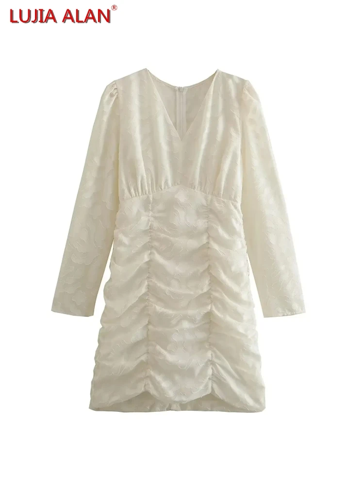 

Женское жаккардовое шифоновое платье, плиссированное прямое платье с V-образным вырезом, Повседневная Свободная уличная одежда с длинным р...