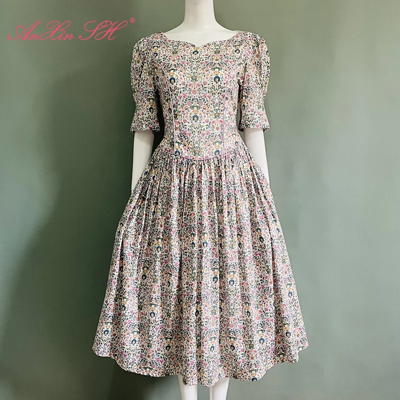

Женское элегантное платье с цветочным принтом AnXin SH, летнее тонкое вечернее плиссированное платье с коротким рукавом в стиле ретро