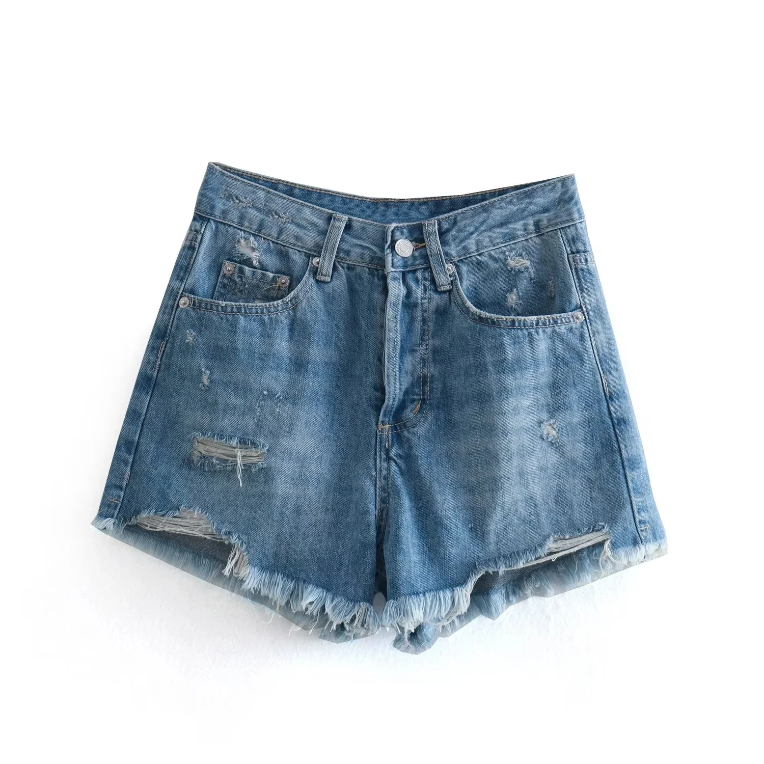 Dave&Di Ripped Loose Bermuda Mom Shorts Women Fashion Simple Denim Blue Shorts