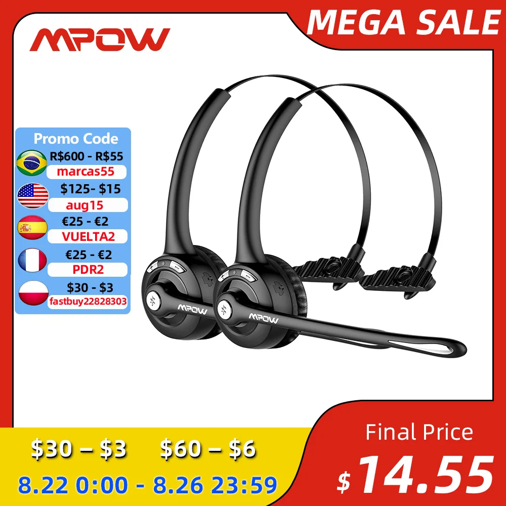 1/2 pack Mpow Pro Office Wireless Bluetooth V5.0 headphone With Microphone 13H Talking Time For Driver Call Center Skype Office