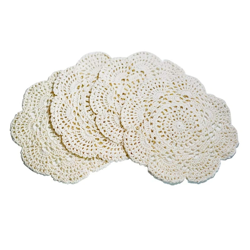 

4PCS 8.6 Inch Doilies Crochet Round Lace Doily Handmade Placemats Cotton Crocheted Coasters (Beige)