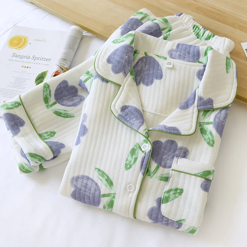 Thickened Women's Pajamas Long-sleeved Trousers Two-piece Lapel Flower Cotton Quilted Homewear Suit Pajamas