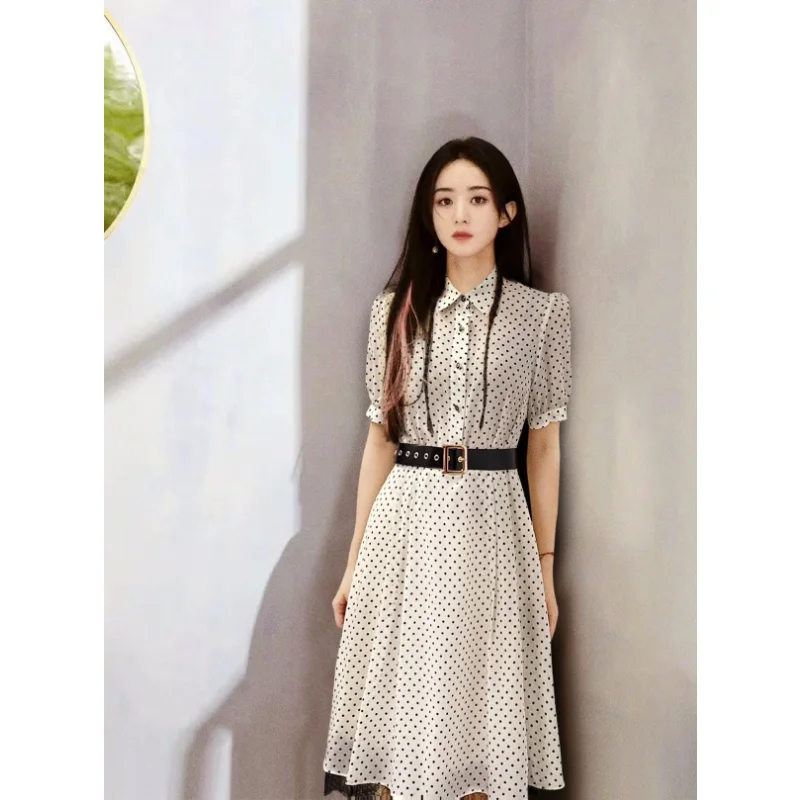 2023 Spring Summer Digital Printing Polka Dot Bee Embroidery Lace Hem Waist Dress Female Temperament High Waist Mid-length Jupe