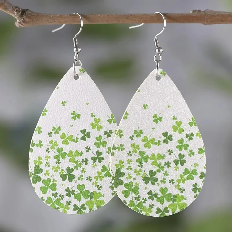 

1Pair Bohemian Fashion Style PU Leather Droplet Earrings with Clover Print for Men and Women's Daily Wear Ear Jewelry Creative
