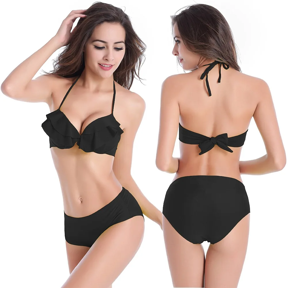

Push Up Two Pieces Women Ruffle Bikinis Swimsuits Sexy Black Mid-waist Steel Drag Bikini Cover Belly Show Thin Women's Swimsuit