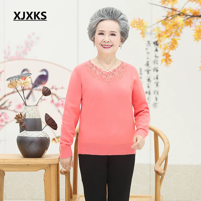 

XJXKS, Осень-зима 2022, новинка, высококачественный шерстяной вязаный свитер, Женский пуловер, свободный джемпер большого размера со стразами