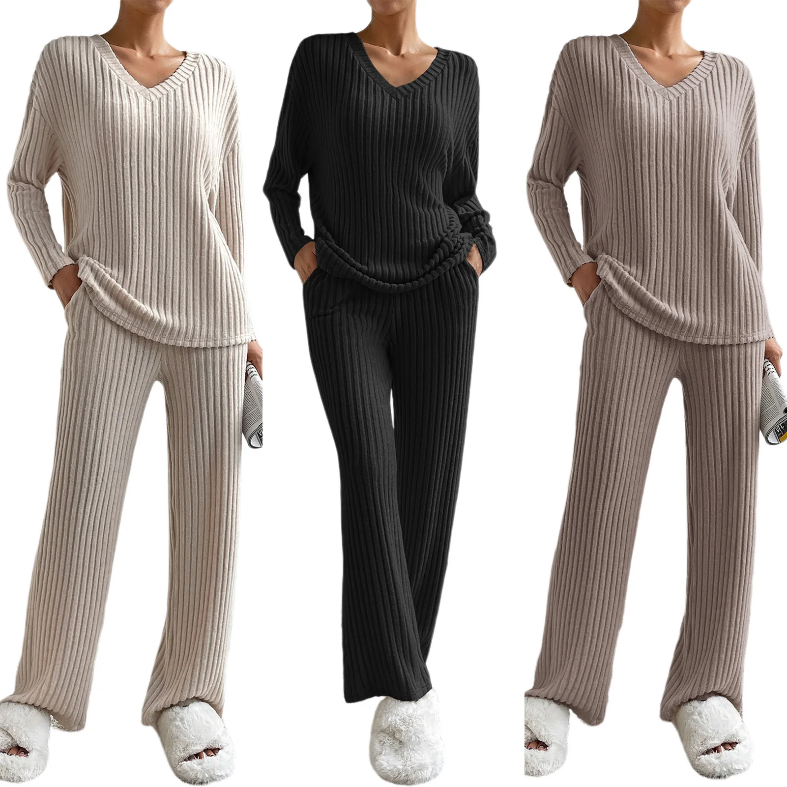 

Women 2023 Long Sleeve Tops Palazzo Pants 2 Piece Set Solid Color Knit Lounge Tops Trouser Suits Comfy Chic Simple Fashion Wear