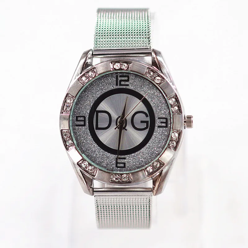 DQG Hot sell women's stainless steel luxury watch, fashion crystal quartz bracelet, gold and silver, mesh strip steel belt 2023
