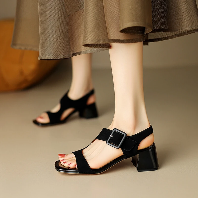 

Сандалии Женские из овечьей замши, однотонные босоножки в римском стиле, повседневная обувь с открытым носком на массивном каблуке, лето