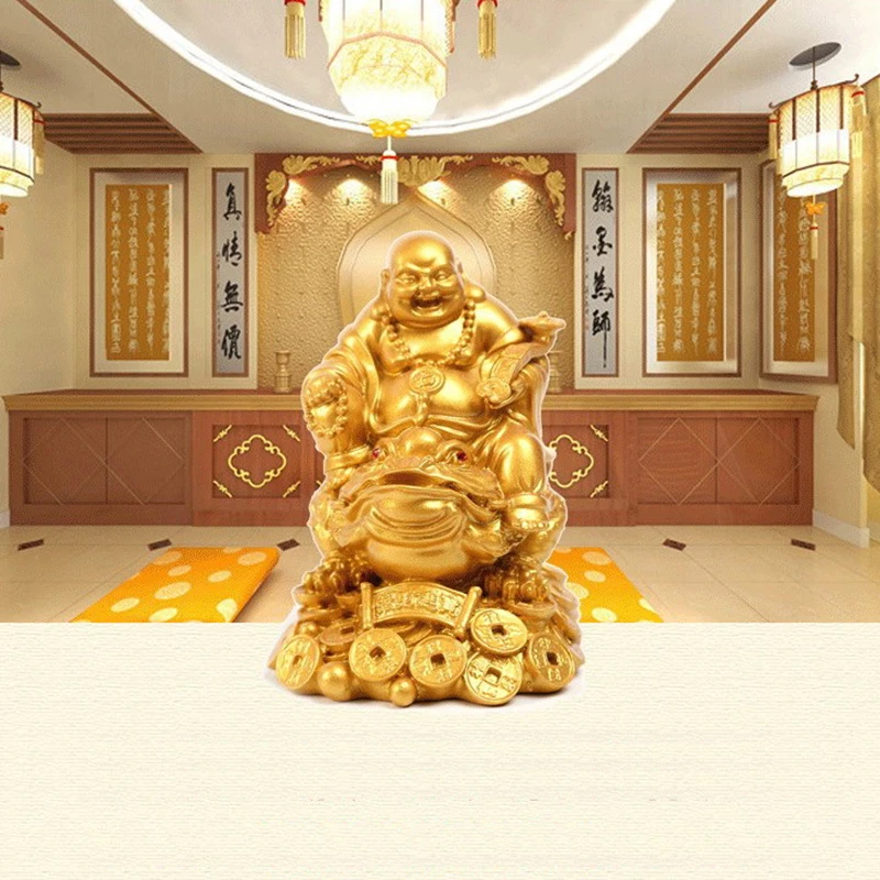 

Feng Shui Ornament Maitreya Buddha Toad Figurine Money Fortune Wealth Chinese Golden Frog Home Office Tabletop Decoration