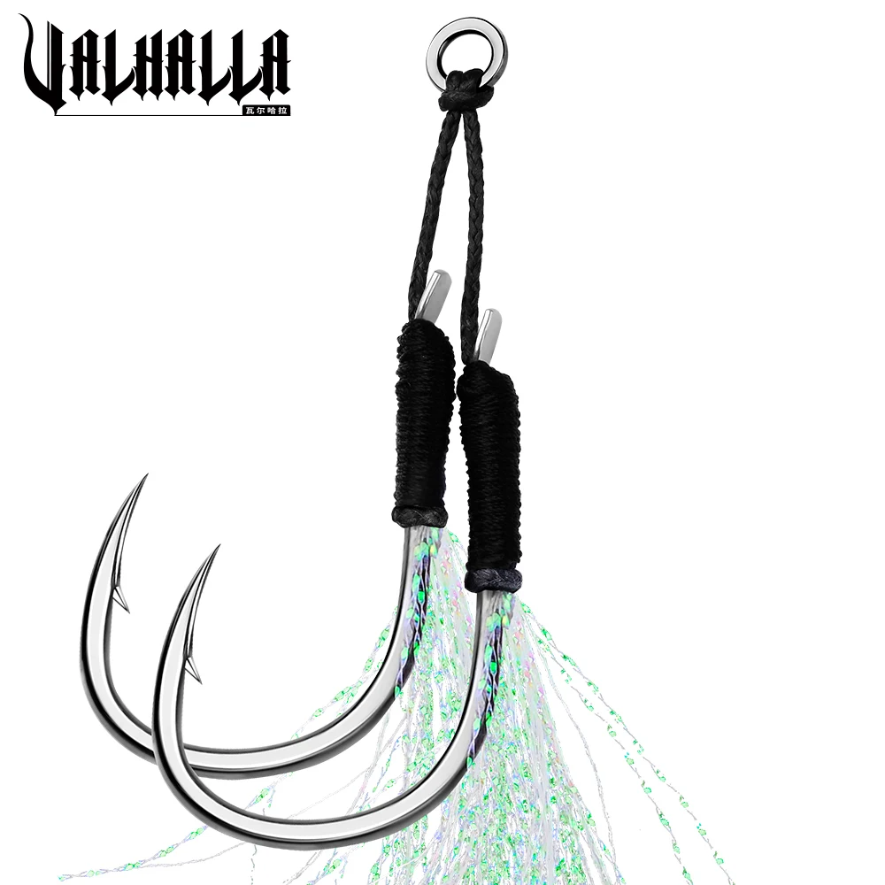 

VALHALLA 250 пара/лот рыболовные крючки 11 #-20 #, рыболовный крючок с ниткой, леской и перьями, светящийся двойной вспомогательный крючок с бородкой