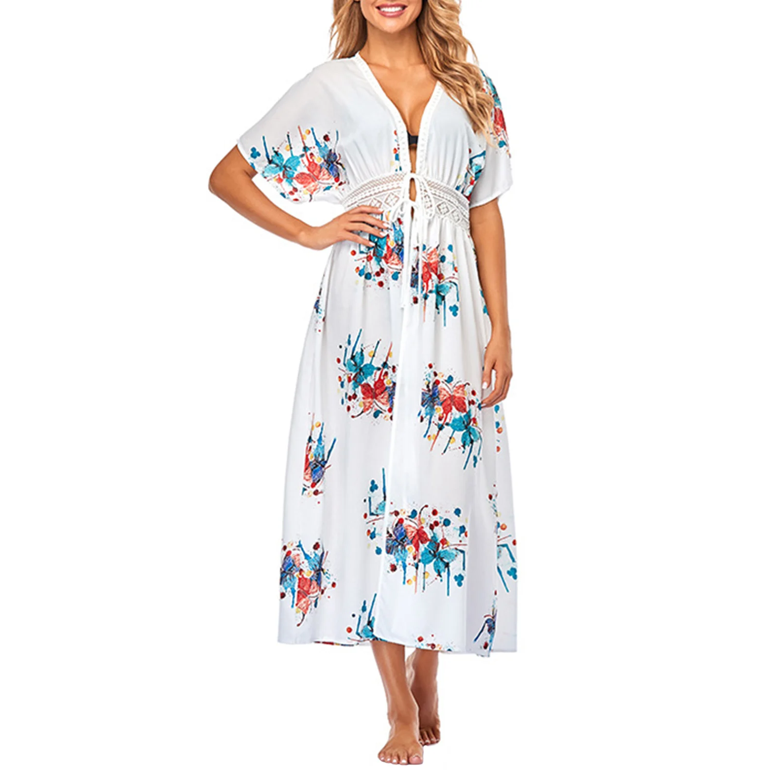 

Women Bathing Short Sleeve Adjustable Sexy Swimsuit Cover Up Soft Summer Beach Outdoor With Drawstring Long Deep V Neck