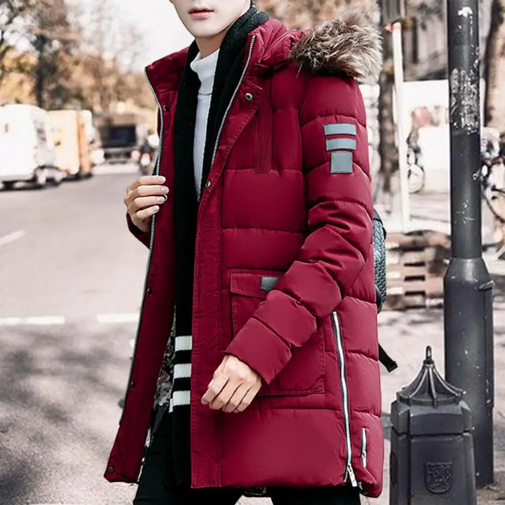 Men Cotton Coat Hooded Zipper Split Solid Color Padded Furry Keep Warm Thicken Zipper Plus Size Men Down Coat for Camping