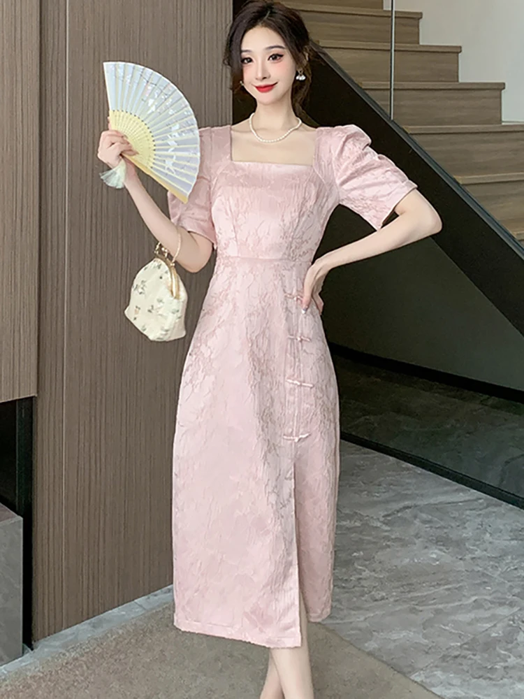 

Женское жаккардовое платье с коротким рукавом, розовое винтажное длинное платье с квадратным вырезом, элегантное платье в Корейском стиле, лето 2023