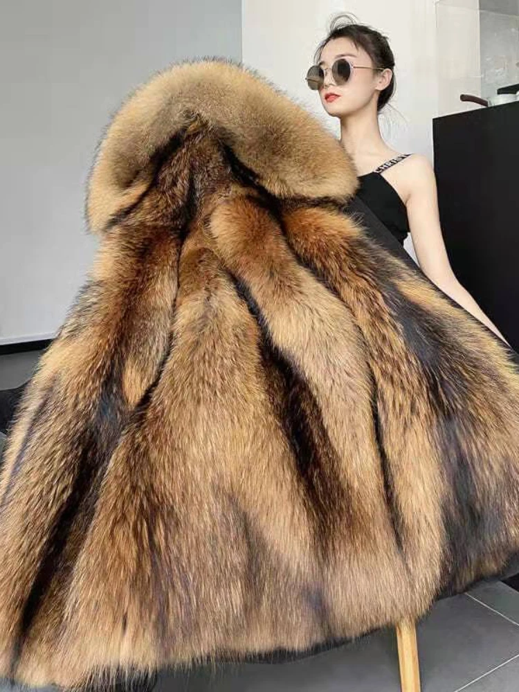 Winter Removable Liner Faux Raccoon Fur Coat for Women Loose Female Large Fur Collar with Fur Collar Medium Long Fur Coat 2022