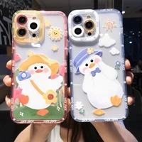 cute cartoon duck flower clear phone case for iphone 13 pro max 12 11 x xs xr 7 8 plus se 2020 transparent soft shockproof cover