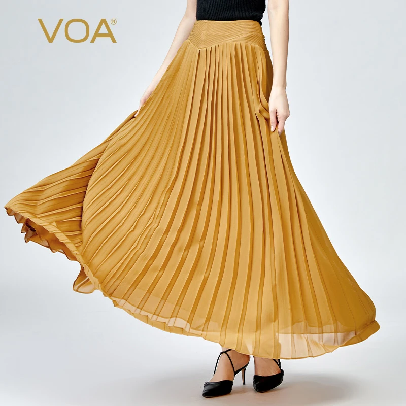 

VOA Silk Georgette Yellow Side Zipper Three-dimensional Decoration Pleated Woman Skirts Double Layer Soft Refreshing Skirt CE150